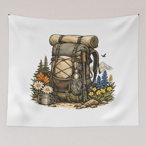 Item preview, Ultralight backpack next to alpine wildflowers designed and sold by Daily Quirk.