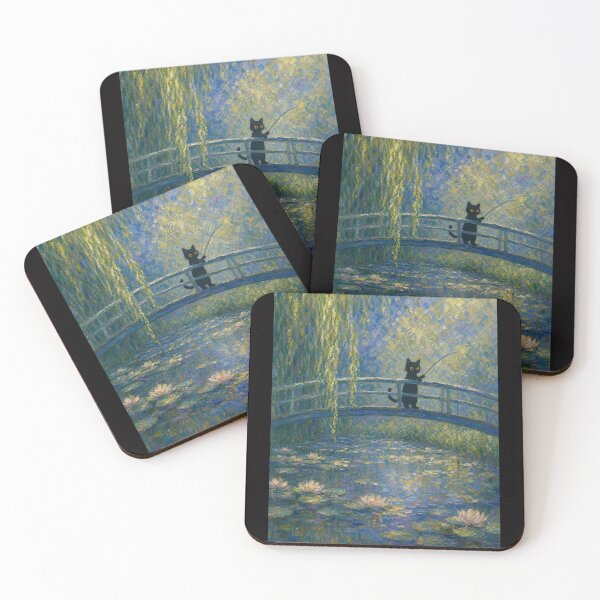 Item preview, Black Cat Fishing Over Water Lily Pond designed and sold by PurrfectHome.