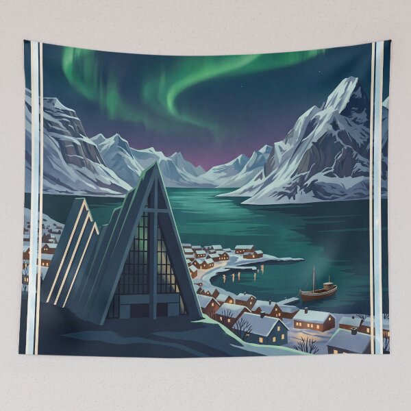 Item preview, Tromsø Norway Vintage Travel Poster – Northern Lights & Arctic Cathedral designed and sold by Bomax121.