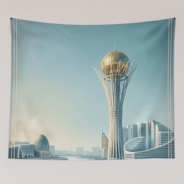 Item preview, Astana Kazakhstan Vintage Travel Poster – Baiterek Tower & Modern Skyline designed and sold by Bomax121.