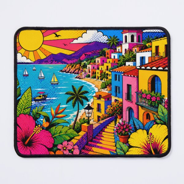 Item preview, Vibrant Mediterranean Seaside Village | Colorful Pop Art Coastal Landscape designed and sold by Nexus Space.