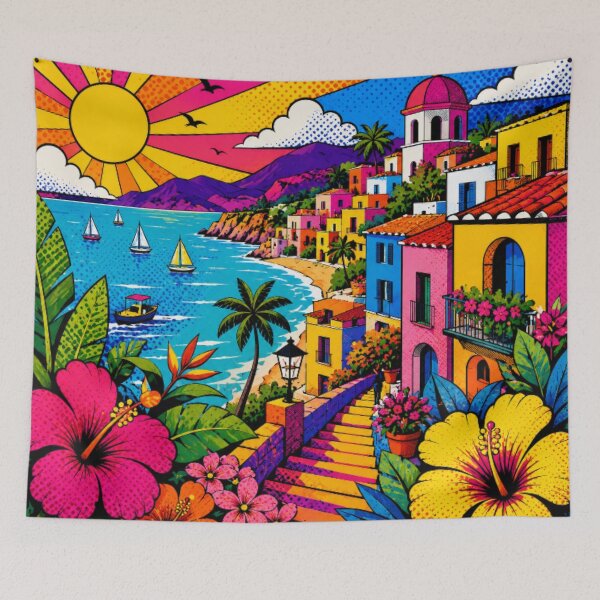 Item preview, Vibrant Mediterranean Seaside Village | Colorful Pop Art Coastal Landscape designed and sold by Nexus Space.