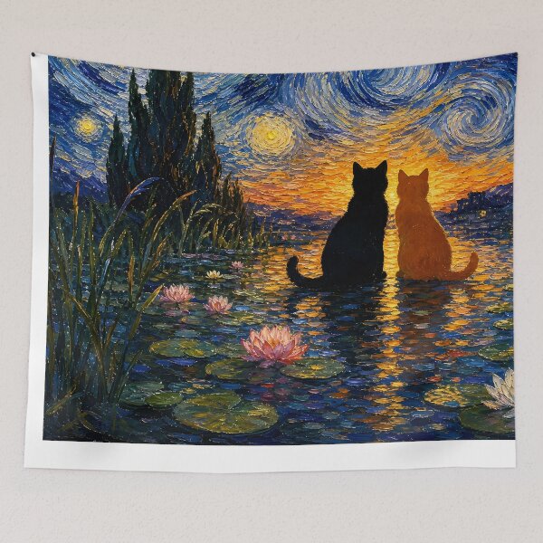 Item preview, Starry Night Cats Over The Lily Pond designed and sold by PurrfectHome.