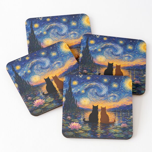 Item preview, Starry Night Cats Over The Lily Pond designed and sold by PurrfectHome.