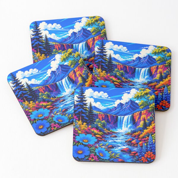 Item preview, Vibrant Waterfall Mountain Landscape | Colorful River & Wildflower Nature Art designed and sold by Nexus Space.