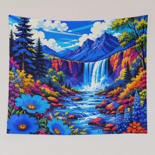 Item preview, Vibrant Waterfall Mountain Landscape | Colorful River & Wildflower Nature Art designed and sold by Nexus Space.