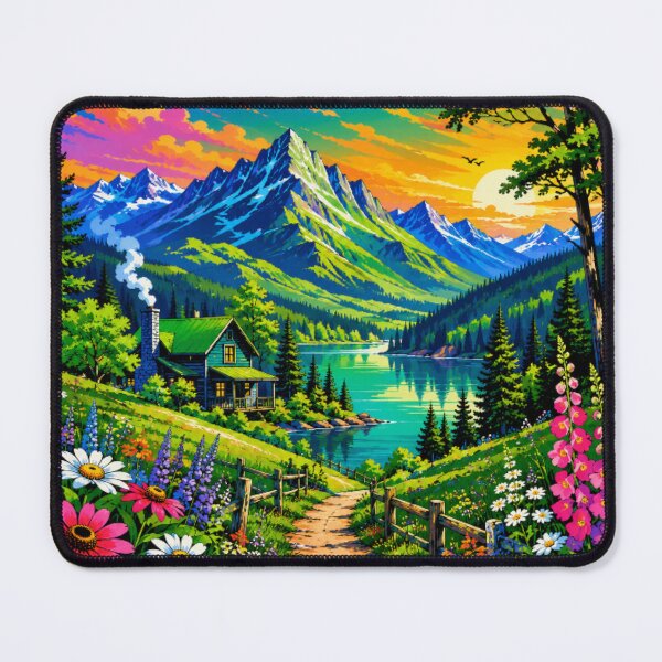 Item preview, Vibrant Mountain Lake Cabin | Colorful Alpine Landscape | Wildflower Nature Illustration designed and sold by Nexus Space.