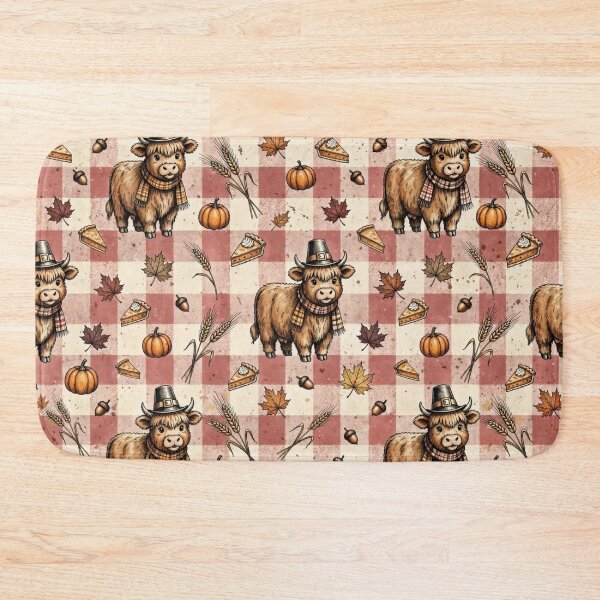 Item preview, Thanksgiving Highland Cow Pattern Cute Pilgrim flannel Hat Pumpkin Pie Fall Gingham designed and sold by Yellowriversss.