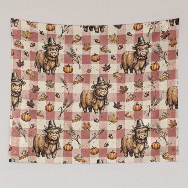 Item preview, Thanksgiving Highland Cow Pattern Cute Pilgrim flannel Hat Pumpkin Pie Fall Gingham designed and sold by Yellowriversss.