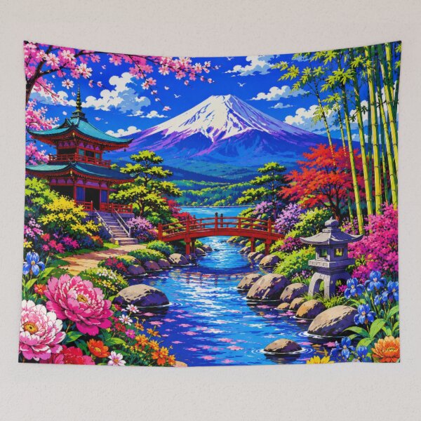 Item preview, Mount Fuji Japanese Garden | Vibrant Sakura Landscape | Colorful Japan Nature Illustration designed and sold by Nexus Space.
