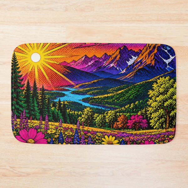 Artikelvorschau, Pop-Art-Bergblumen-Sonnenuntergang | Lebendige Alpenlandschaft | Farbenfrohe Naturillustration entworfen und verkauft von Nexus Space.