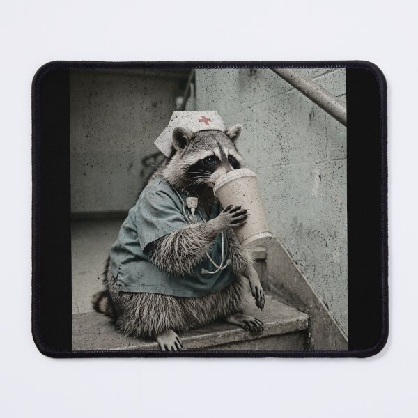 Item preview, Exhausted Raccoon Nurse Blue Scrubs Coffee Break designed and sold by Neurospicy Trolls.