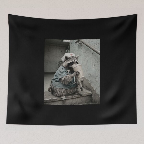 Item preview, Exhausted Raccoon Nurse Blue Scrubs Coffee Break designed and sold by Neurospicy Trolls.