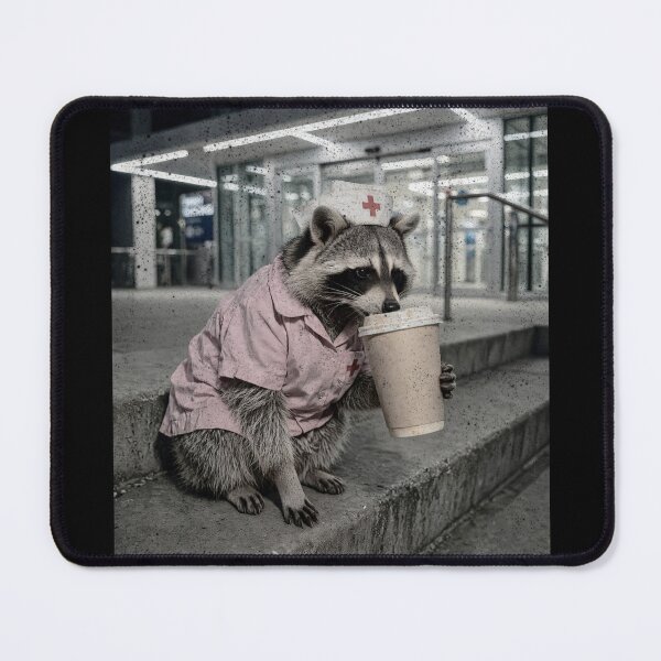 Item preview, Exhausted Raccoon Nurse Pink Scrubs Coffee Break designed and sold by Neurospicy Trolls.