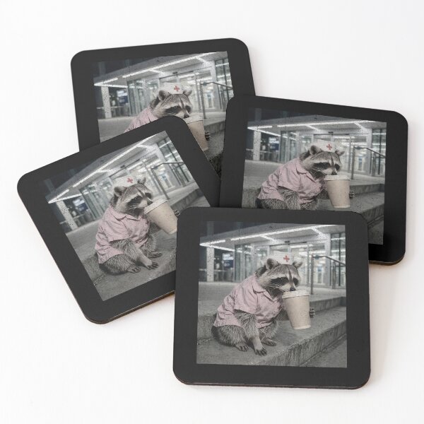 Item preview, Exhausted Raccoon Nurse Pink Scrubs Coffee Break designed and sold by Neurospicy Trolls.