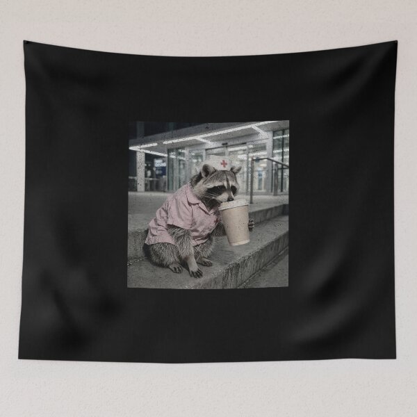 Item preview, Exhausted Raccoon Nurse Pink Scrubs Coffee Break designed and sold by Neurospicy Trolls.