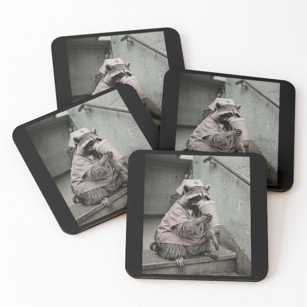 Item preview, Exhausted Raccoon Nurse Pink Scrubs - Coffee Break designed and sold by Neurospicy Trolls.