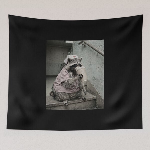 Item preview, Exhausted Raccoon Nurse Pink Scrubs - Coffee Break designed and sold by Neurospicy Trolls.