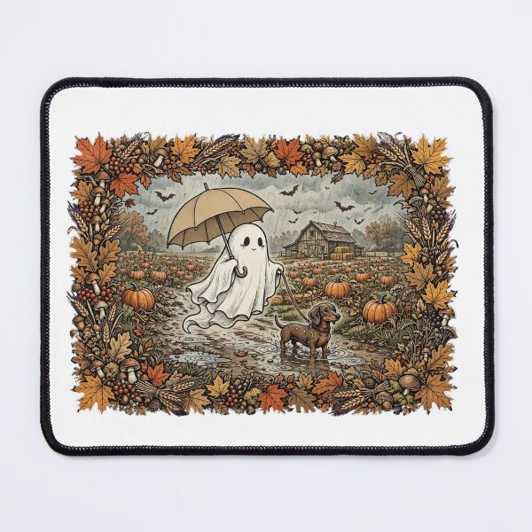 Item preview, Cute Ghost Walking Dachshund in Fall Pumpkin Patch Rain Halloween Cute designed and sold by Neurospicy Trolls.