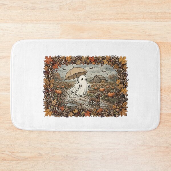 Item preview, Cute Ghost Walking Dachshund in Fall Pumpkin Patch Rain Halloween Cute designed and sold by Neurospicy Trolls.