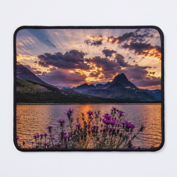 Item preview, Mountain Lake Sunset with Purple Wildflowers and Dramatic Sun Rays Landscape designed and sold by Wild Bloom Paws.