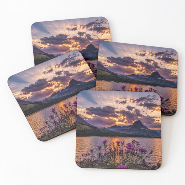 Item preview, Mountain Lake Sunset with Purple Wildflowers and Dramatic Sun Rays Landscape designed and sold by Wild Bloom Paws.
