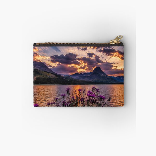 Item preview, Mountain Lake Sunset with Purple Wildflowers and Dramatic Sun Rays Landscape designed and sold by Wild Bloom Paws.