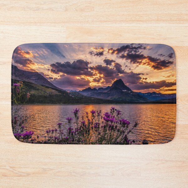 Item preview, Mountain Lake Sunset with Purple Wildflowers and Dramatic Sun Rays Landscape designed and sold by Wild Bloom Paws.