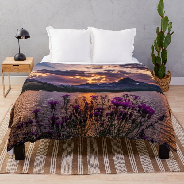Item preview, Mountain Lake Sunset with Purple Wildflowers and Dramatic Sun Rays Landscape designed and sold by Wild Bloom Paws.