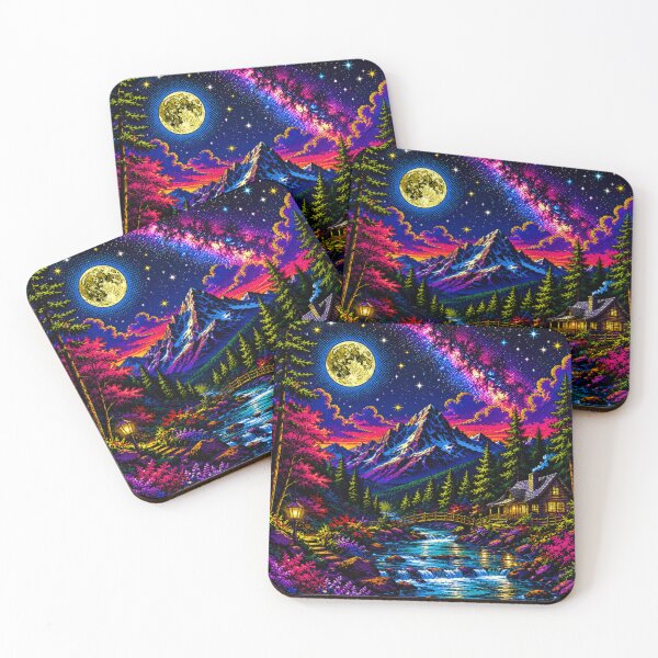 Item preview, Moonlit Mountain Cabin – Vibrant Pop Art Night Landscape with Milky Way & Forest Stream designed and sold by Nexus Space.