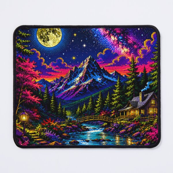 Item preview, Moonlit Mountain Cabin – Vibrant Pop Art Night Landscape with Milky Way & Forest Stream designed and sold by Nexus Space.