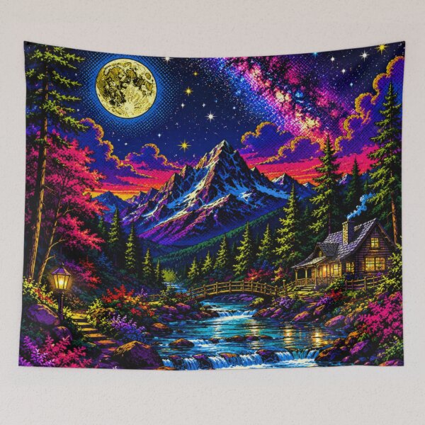 Item preview, Moonlit Mountain Cabin – Vibrant Pop Art Night Landscape with Milky Way & Forest Stream designed and sold by Nexus Space.