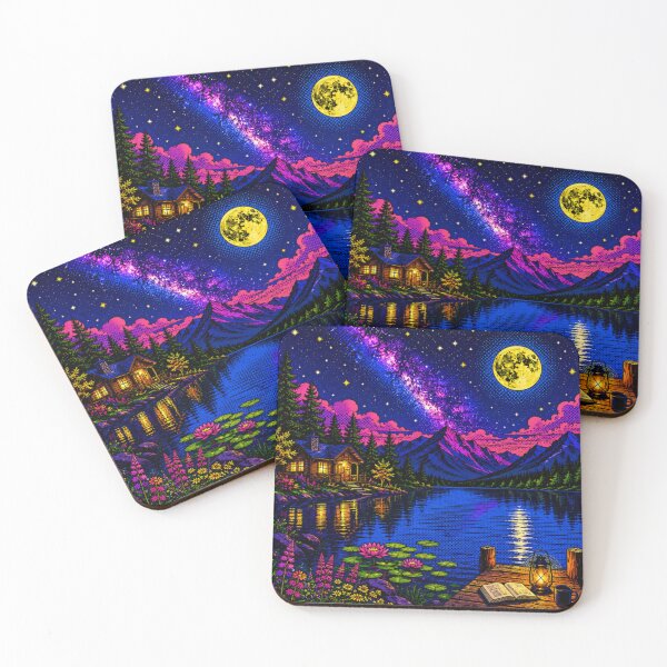 Item preview, Moonlit Lakeside Cabin – Vibrant Pop Art Nightscape with Milky Way, Mountain Lake & Cozy Dock designed and sold by Nexus Space.