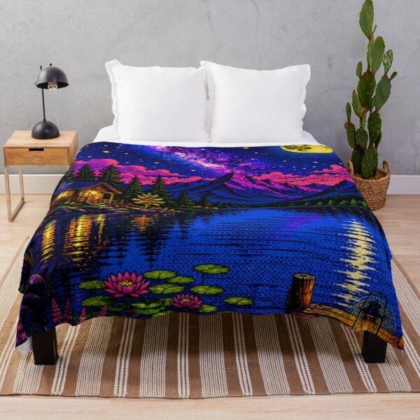 Item preview, Moonlit Lakeside Cabin – Vibrant Pop Art Nightscape with Milky Way, Mountain Lake & Cozy Dock designed and sold by Nexus Space.