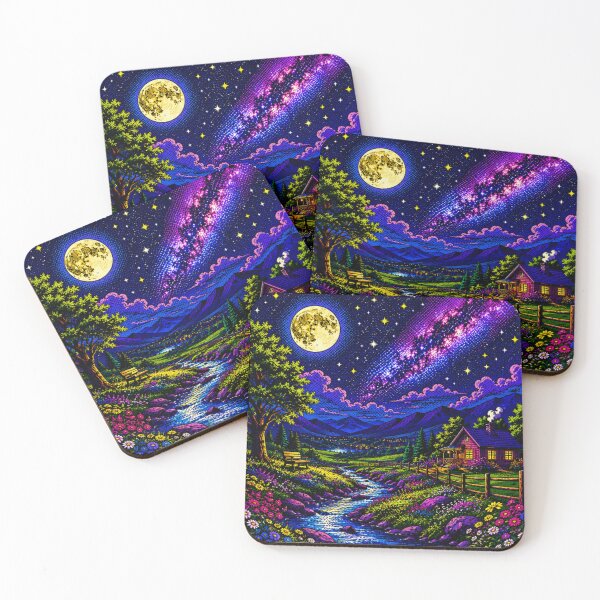 Item preview, Moonlit Countryside Cottage – Vibrant Pop Art Landscape with Milky Way, Wildflowers & Mountain Stream designed and sold by Nexus Space.
