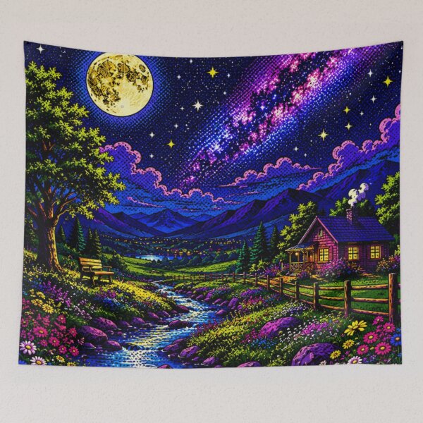 Item preview, Moonlit Countryside Cottage – Vibrant Pop Art Landscape with Milky Way, Wildflowers & Mountain Stream designed and sold by Nexus Space.