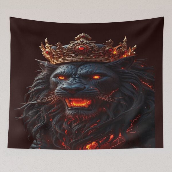 Item preview, The King of Eternal Flames, Royal Black Lion in Flames - King of Lava with Golden Crown and Fiery Eyes designed and sold by RAYBIL.