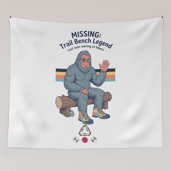 Item preview, "Missing: Trail Bench Legend" - Funny Sasquatch Hiker & Vintage Vibe designed and sold by Whimsy Trail Co.