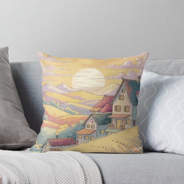 Item preview, Dreamy Pastel Countryside Cottage at Sunset with Rolling Hills and Golden Fields designed and sold by LyleDenholm.