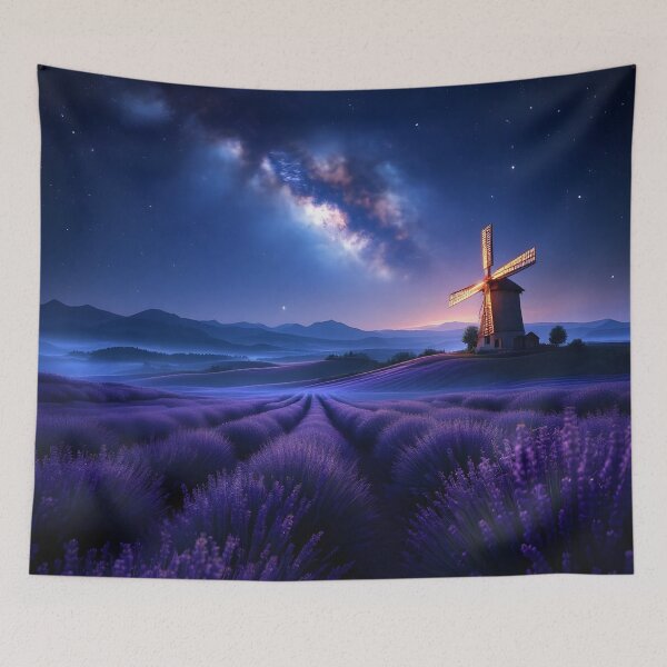 Item preview, Lavender Fields Windmill Under Milky Way | Dreamy Night Landscape designed and sold by DreamyWallVibes.