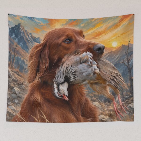 Item preview, Irish Setter with Chukar Partridge | Upland Bird Hunting Dog Art designed and sold by TammyHunterArt.