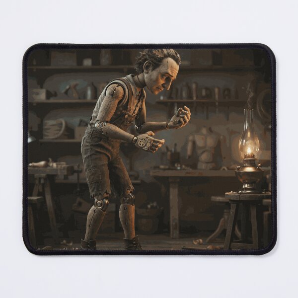 Item preview, Vintage Mechanical Wooden Puppet in a Dark Inventor Workshop Steampunk Fantasy Art designed and sold by TorrenVale.
