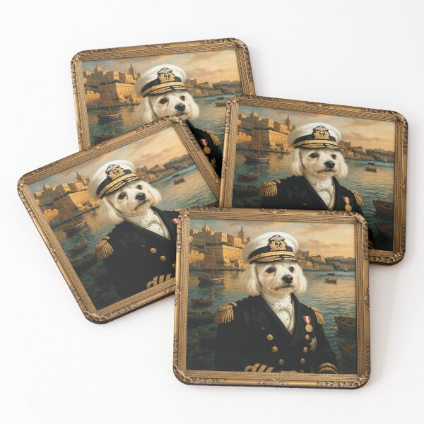 Item preview, Distinguished White Dog Naval Captain Portrait with Historic Harbor Background designed and sold by TorrenVale.