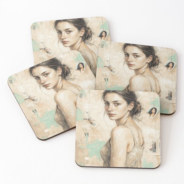 Item preview, Contemporary Woman Portrait with Neutral Tones and Mint Green Collage Texture designed and sold by TorrenVale.