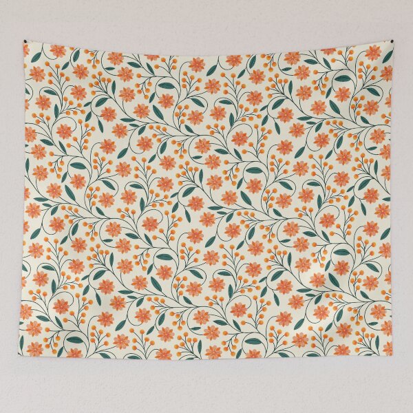Item preview, Orange Floral Seamless Pattern | Retro Botanical Coral Flowers & Teal Leaves  designed and sold by mistywoodstudio.