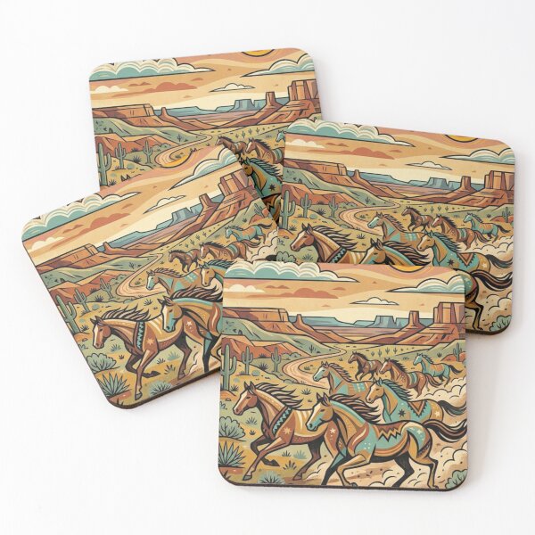 Item preview, Folk art horses  in the mountains, freedom designed and sold by Coolparrotgirl.