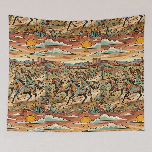 Item preview, Folk art horses  in the mountains, freedom designed and sold by Coolparrotgirl.