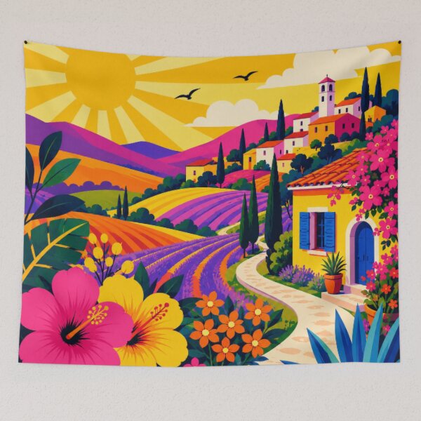 Item preview, Vibrant Mediterranean Village Landscape | Colorful Countryside Wall Art | Bold Pop Art Nature Print designed and sold by Nexus Space.