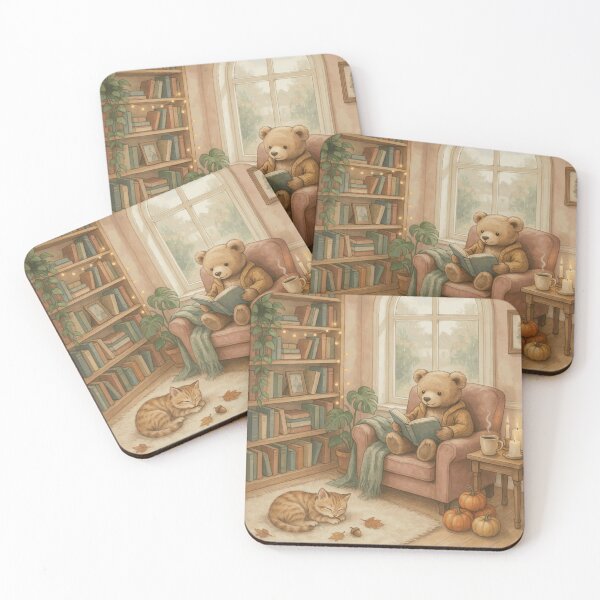 Item preview, Cozy Teddy Bear Reading with Sleeping Cat in a Warm Autumn Home Library designed and sold by RonanHalstead.