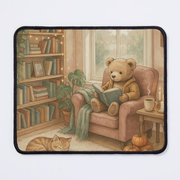 Item preview, Cozy Teddy Bear Reading with Sleeping Cat in a Warm Autumn Home Library designed and sold by RonanHalstead.